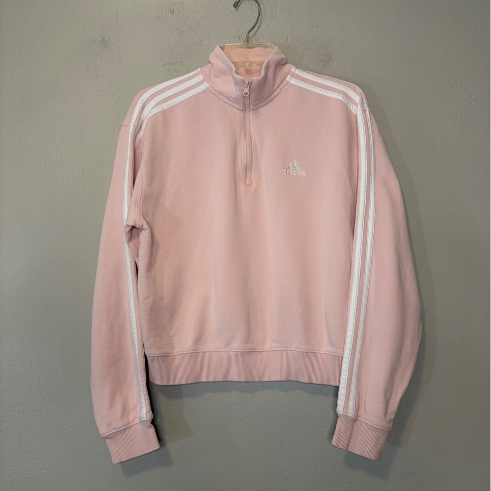 Adidas Pink 3-Stripe Quarter Zip Cropped Sweatshirt Pullover Mock Neck